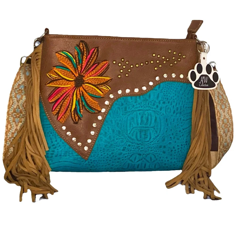 Western Fringe Crossbody Purse Flower Vegan Boho Bags Women Cowgirl Handbags - Picture 6 of 13